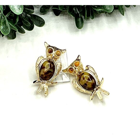 Vintage Gold tone Owl Brooch Set With TigerS Eye Stone Gemstone Pins - Picture 1 of 5